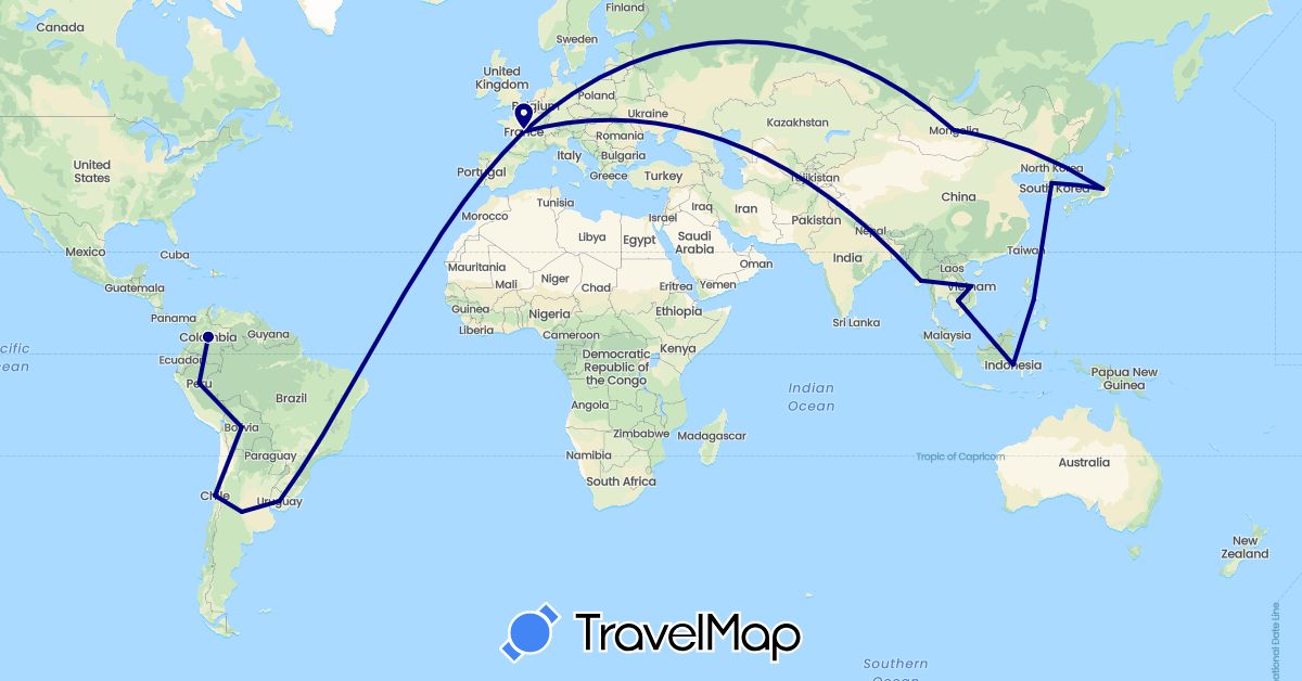 TravelMap itinerary: driving in Bolivia, Chile, France, Indonesia, Japan, South Korea, Myanmar (Burma), Mongolia, Nepal, Philippines (Asia, Europe, South America)